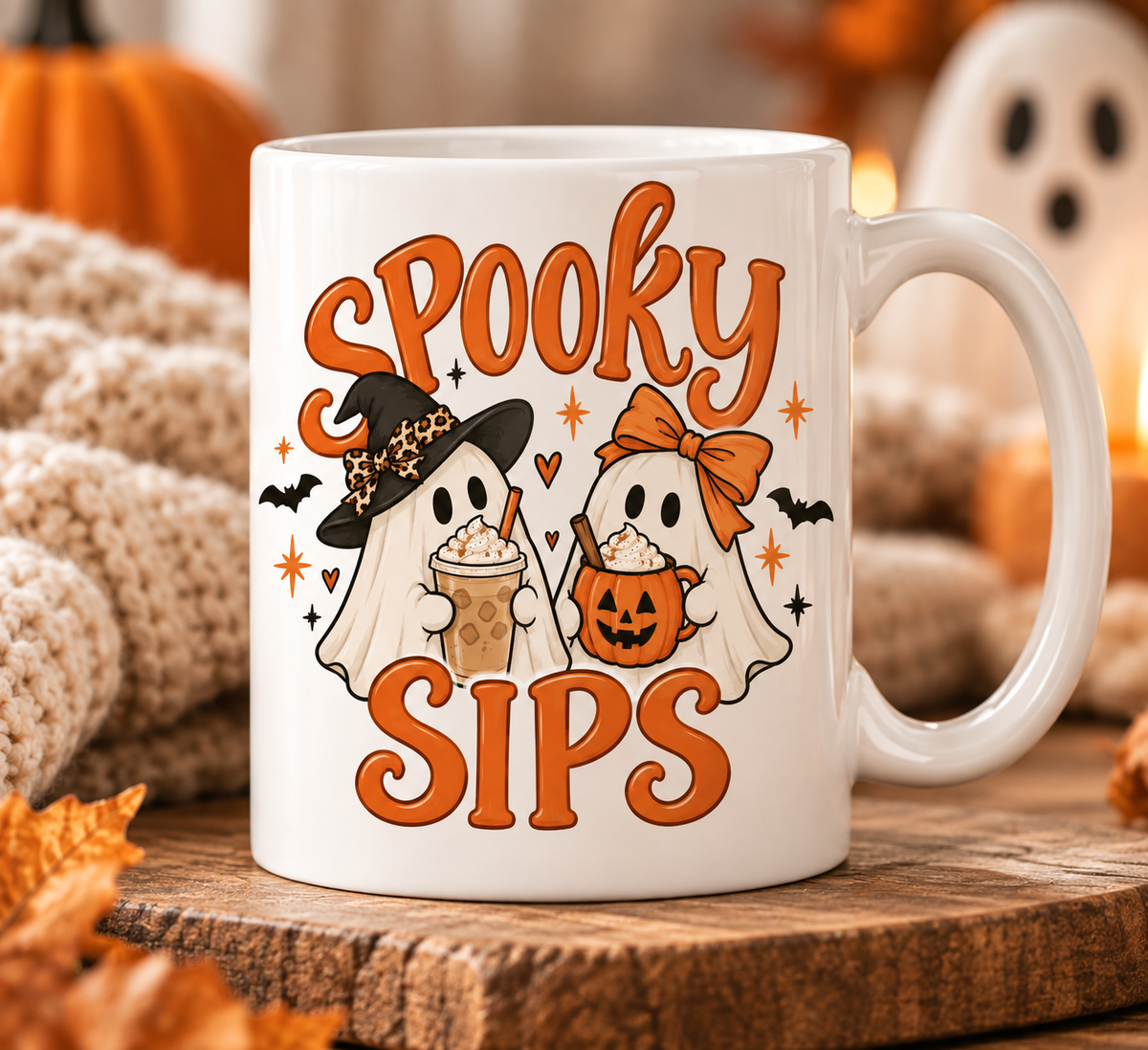 Spooky Sips Mug — Cute Halloween Ghosts Pumpkin Latte Coffee Cup