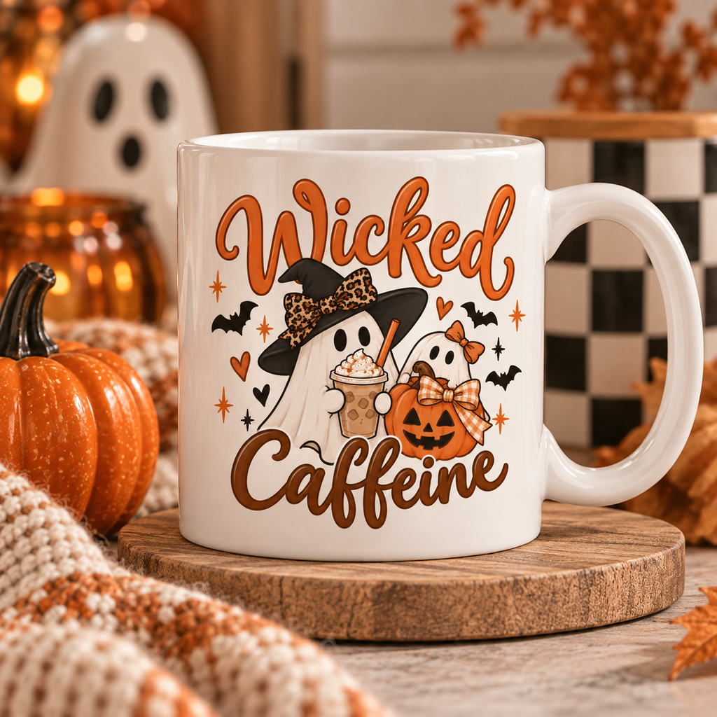 Wicked Caffeine Halloween Mug — Cute Ghosts, Pumpkin Spice Coffee Cup
