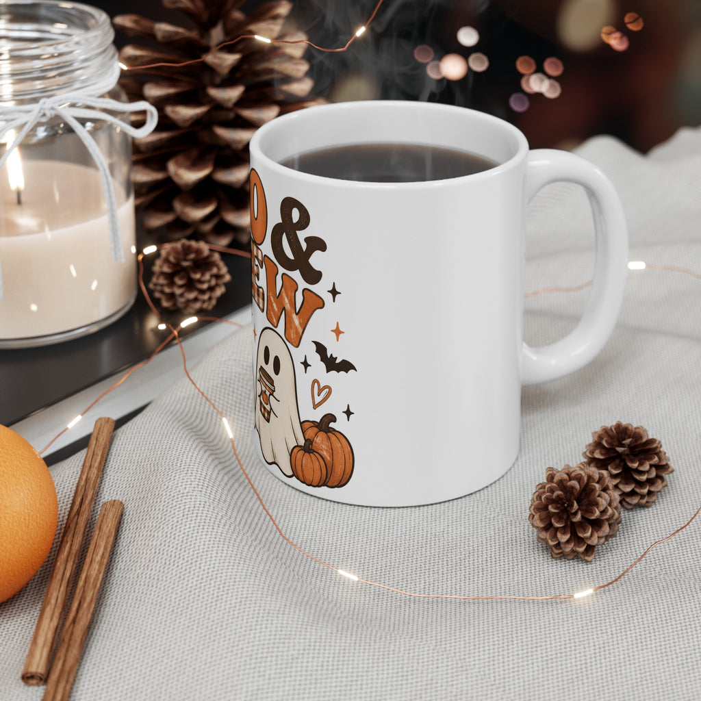 Boo & Brew Halloween Coffee Mug — Cute Ghosts, Pumpkins & Fall Café Design (11oz)