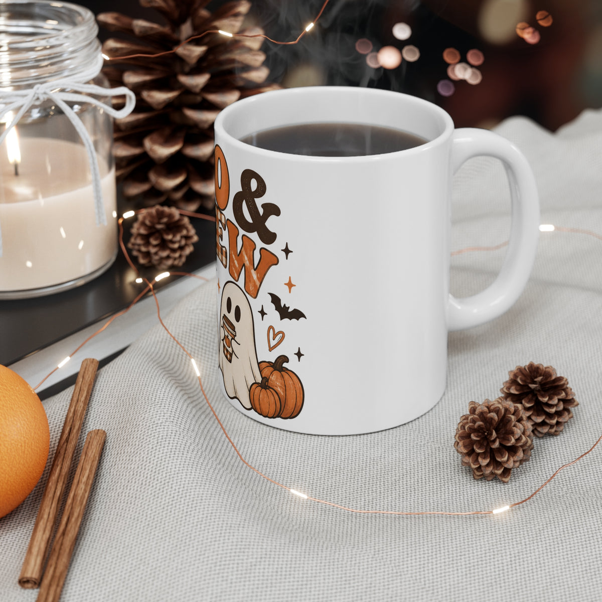 Boo & Brew Halloween Coffee Mug — Cute Ghosts, Pumpkins & Fall Café Design (11oz)