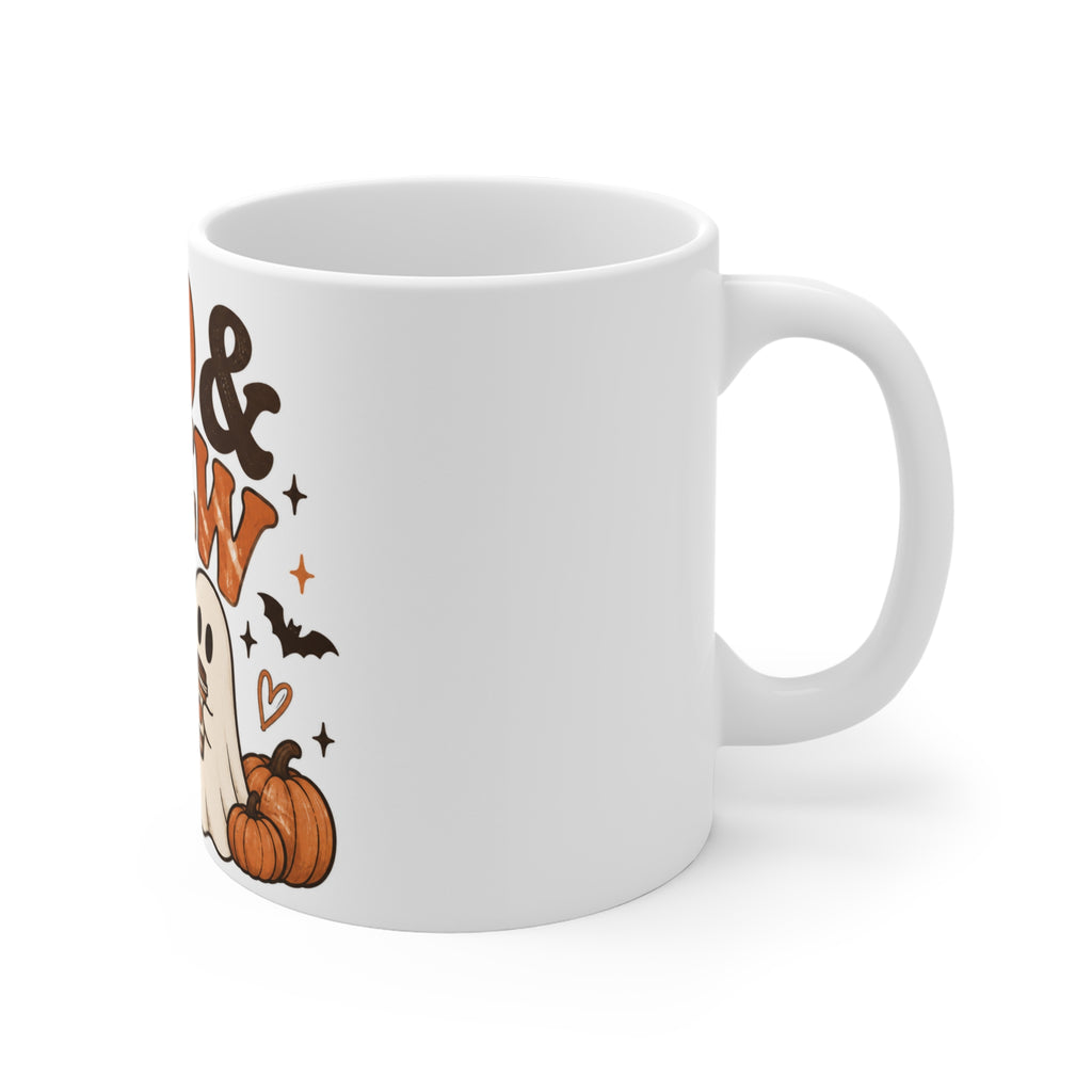 Boo & Brew Halloween Coffee Mug — Cute Ghosts, Pumpkins & Fall Café Design (11oz)